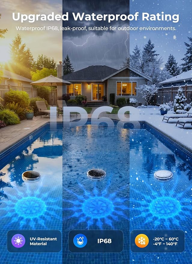 Brightown Floating-Solar-Pool-Lights 2 Pack, RGBWW 12 Lighting Modes 3 Dimming & Timing IP68 Waterproof with Remote Control Solar Floating Pool Lights for Above Ground Pools Inground Pools Accessories