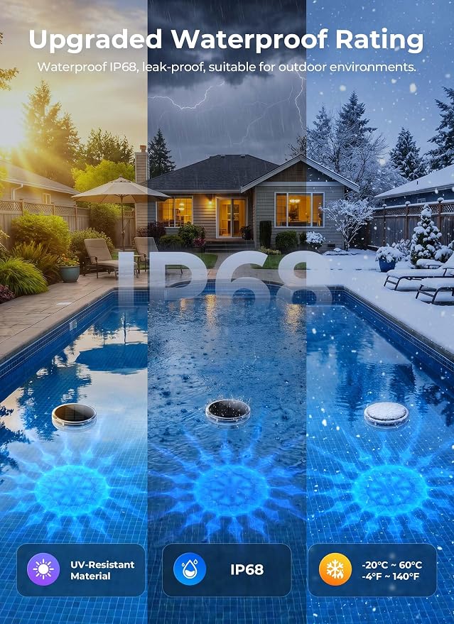 Solar Floating Pool Lights 4 Pack, Remote Control RGBWW 12 Lighting Modes | 3 Dimming & Timing IP68 Waterproof, Floating Solar Pool Lights for Above Ground Pools Inground Pool Accessories