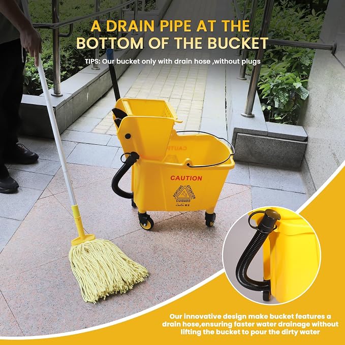 35-Quart Commercial Mop Bucket Set with Wringer on Wheels, Yellow | Mop And Bucket Set for Floor Cleaning , Including Commercial Mop and Mop Head Replacement