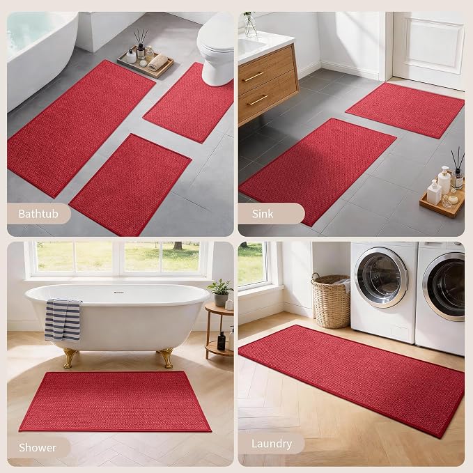 YIHOUSE Long Large Bathroom Rugs Sets 2 Piece, Quick Dry Thin Bath Mat, Non Slip Absorbent Machine Washable, Bath Runner Rug for Tub Sink Home Decor (24"x36" + 24"x59",Red)