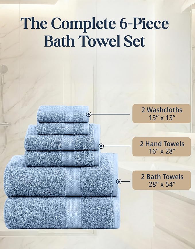 LANE LINEN 100% Cotton Bath Towels 6 Piece Set - Super Soft, Quick Dry & Absorbent - 2 Bath, 2 Washcloths, 2 Hand Towels for Bathroom - Hotel Quality, Minimal Lint after 3 Washes - Cerulean Blue
