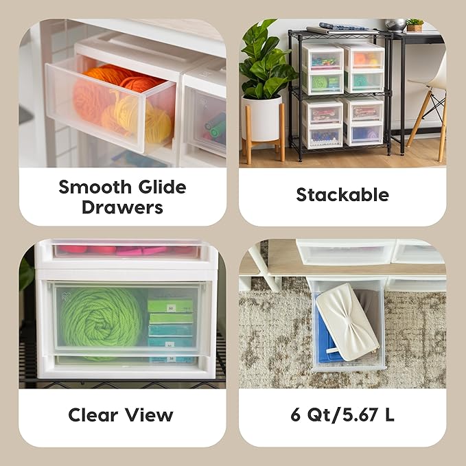IRIS USA 6 Qt. Plastic Drawer Storage Organizer Stacking Drawers, 2-Pack, Stackable Unit with Sliding Drawer for Bedroom Kitchen Under Sink Pantry Craft Room Bathroom Dorm Office, White