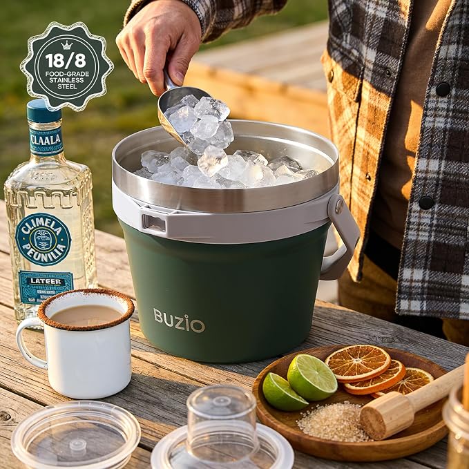 BUZIO 7 L Ice Bucket with Lid Scoop & Tongs & Adjustable Shoulder Strap | 7.4 Qt/7 L Insulated Stainless Steel Large Beverage Bucket with Handle (Doulble Wall), for Parties, Cocktail Bar Champagne