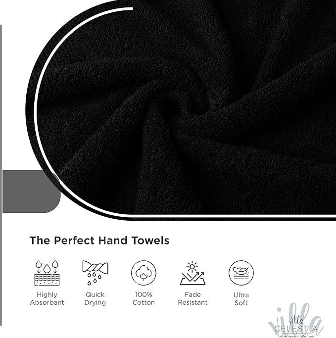 Villa Celestia Cotton Hand Towels Set of 4, 16 x 28, Oeko-TEX Certified, Quick Dry, Black