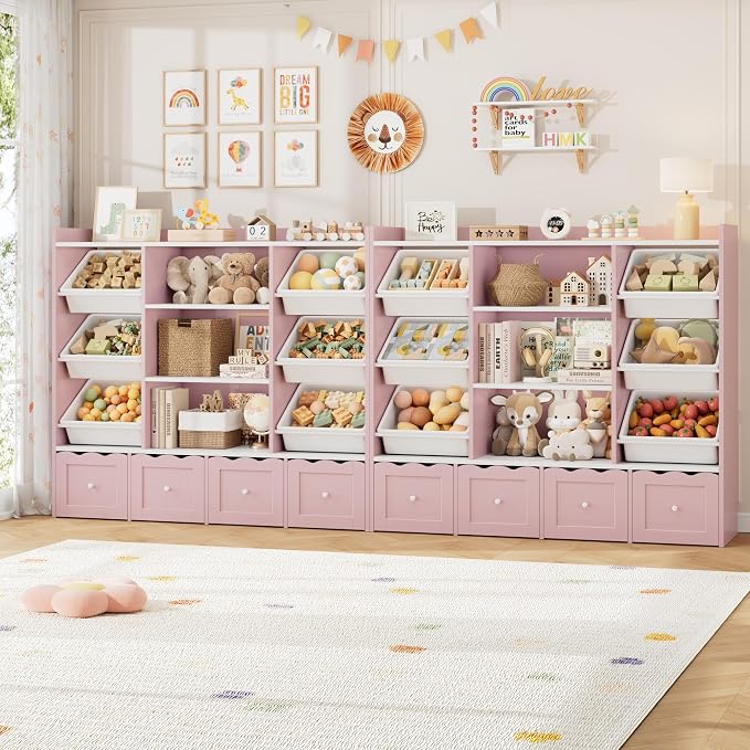 HITHOS 55" W Kids Toy Storage Organizer with 10 Toy Box & Book Shelf, Pink | Large Toy Organizers and Storage with Kids Bookshelf & 6 Plastic Toy Chests & 4 Movable Drawers for Kids Room, Playroom