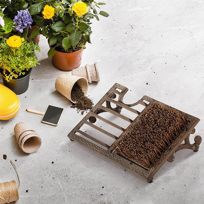 MyGift Boot Brush Scraper Outdoor, Heavy Duty Cast Iron Shoe Scraper Mat, Boot Dirt Cleaner Brush, Vintage Rustic Black Angled, Dark Brown
