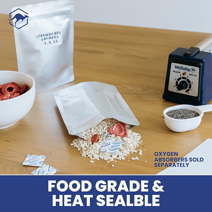 Wallaby 50 Count 1-Cup Gusset Mylar Bags with Labels, 11 Mil Total Thickness Long-Term Food Storage Pouches, 7x5 Stand-Up Zipper Heat-Sealable Airtight Packaging - Silver
