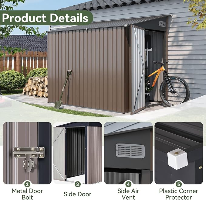 Aoxun 8x6 FT Lean to Shed Outdoor Storage Shed, Brown | Lockable Doors & Slooping Roof, Metal Garden Tool Shed for Backyard, Bike Shed for Patio, Poolside
