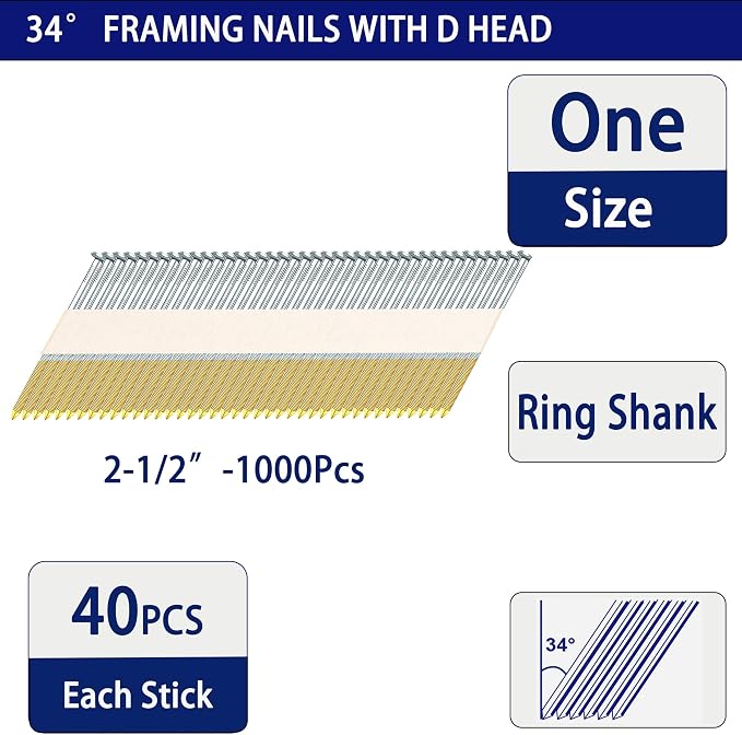 HW HAMWOO 34°Framing Nails,2-1/2",1000pcs | Hot Dipped Galvanized, Ring Shank