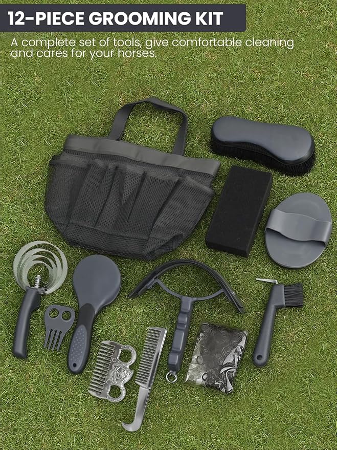 Horse Grooming Kit 12 Pieces Set – Complete Horse Brushes & Care Supplies Set with Organizer Tote Bag, Equine Coat Grooming Tools, Tack Room Equipment & Gifts for Horse Owners & Lovers