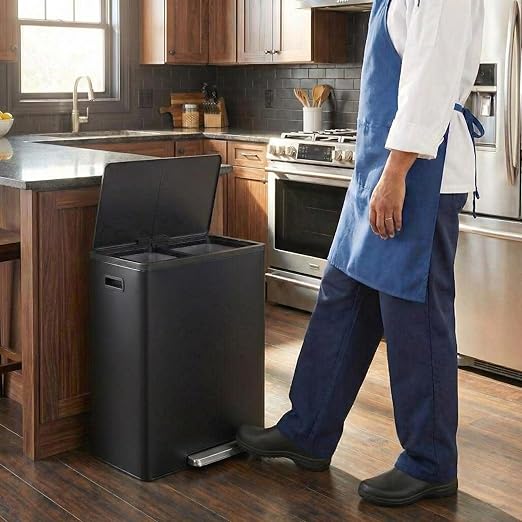 GarveeHome 60L/16 Gallon Dual Compartment Step Trash Can with Silent-Close Lid – Stainless Steel Recycling Bin for Kitchen, Office, Living Room – Odor Control & Pet-Proof Design