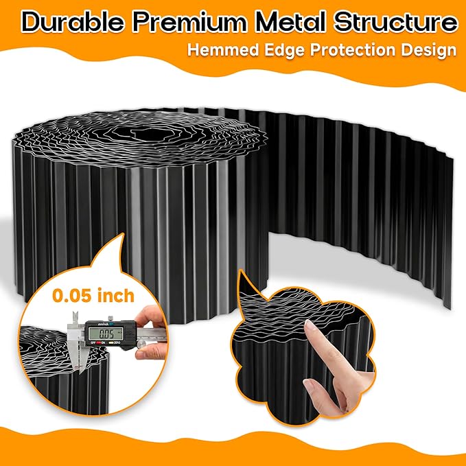 MTART Corrugated Metal Edging for Landscaping, Sturdy Garden Edging Border for Flower Bed, Lawn and Landscape Edging (Black, 5.5"×60Ft)
