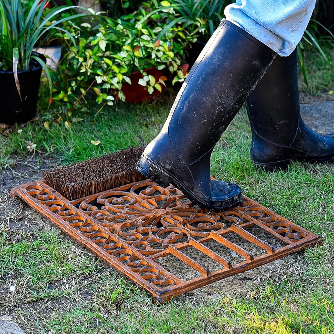 Sungmor Outdoor Cast Iron Doormat, Vintage Boot Scraper with Brushes, Rust Rectangle Shoe Scraper Mat, 22.8" Heavy Duty Decorative Shoe Cleaning Mat for Front Door, Entrance, Garden