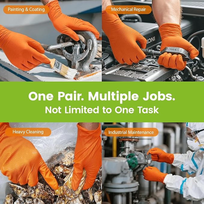 TREEGO 10 Mil Heavy Duty Orange Nitrile Mechanic Gloves, 50 Count XL | Diamond Grip, Latex & Powder Free for Heavy Equipment Service, Industrial Maintenance, Utility & Warehouse Work