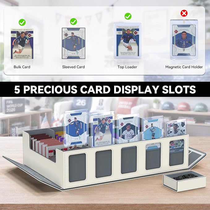 Kabinka Soccer Card Storage Box with Window Display, 5-Row Sport Card Storage Box, 3900+ Card Deck Box for Soccer Sports Card TCG, 5 Top Loaders, 5 Stoppers, 48 Dividers, 1 Dice Tray (Soccer 2)