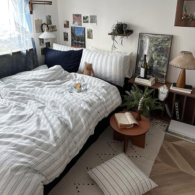 mixinni Vintage Blue & White Striped Duvet Cover Set - 3 Piece 100% Washed Cotton Twin XL Size Bedding | Minimalist Relaxed Style | Ultra Soft Breathable, with Zipper Closure & Corner Ties