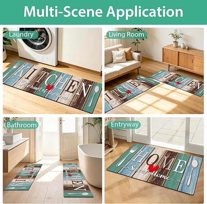 Kitchen Rugs Set 3 Piece, Non Slip Kitchen Mats for Floor, Soft Fabric with Rubber Backing, Farmhouse Anti Fatigue Runners Carpet for Home Kitchen Laundry Room Hallway (Rustic Teal Brown)