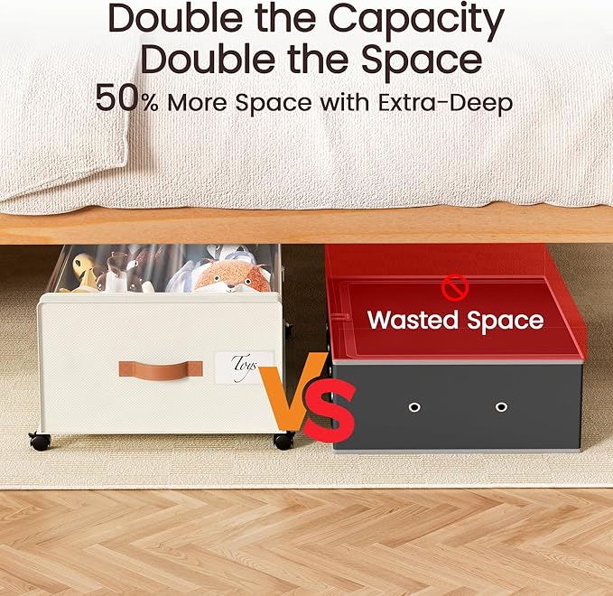 Yecaye 95 L Under Bed Storage with Wheels, 11 in Under Bed Storage Containers, Large Under Bed Shoe Storage with Lids, Rolling Underbed Storage bins for Clothes, Blankets, Beige