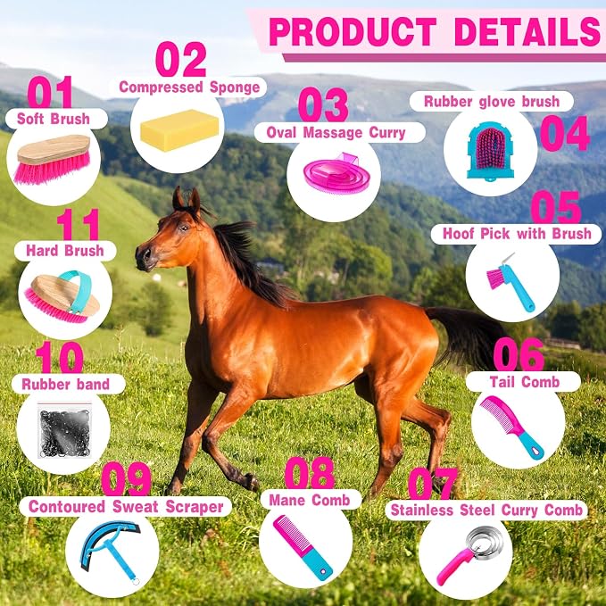 Abbylike 12 Piece Horse Grooming Kit with Organizer Tote Bag Brush Sets for Derby Day Show Horses Professional Tools for Care & Massage(Rose Red)