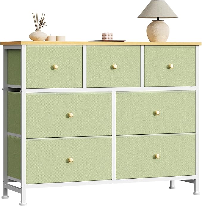 Sweetcrispy 7 Drawer Dresser with Fabric Bins, Fabric Storage Tower Organizer for Bedroom, Closet, Hallway, Entryway, Tall Chest of Drawers with Steel Frame, Wood Top, Large Storage,Light Green