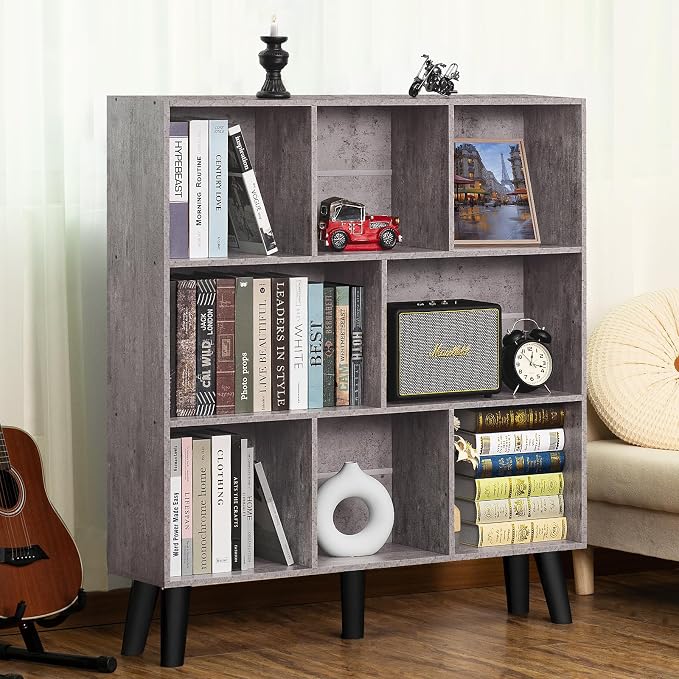 LEYAOYAO 8 Cube Bookshelf,Mid-Century Modern Bookcase with Legs,Dirty Grey | 3 Tier Book Shelf,Rustic Wood Bookshelves Freestanding Large Storage Organizer, Open Shelves for Bedroom, Living Room, Office