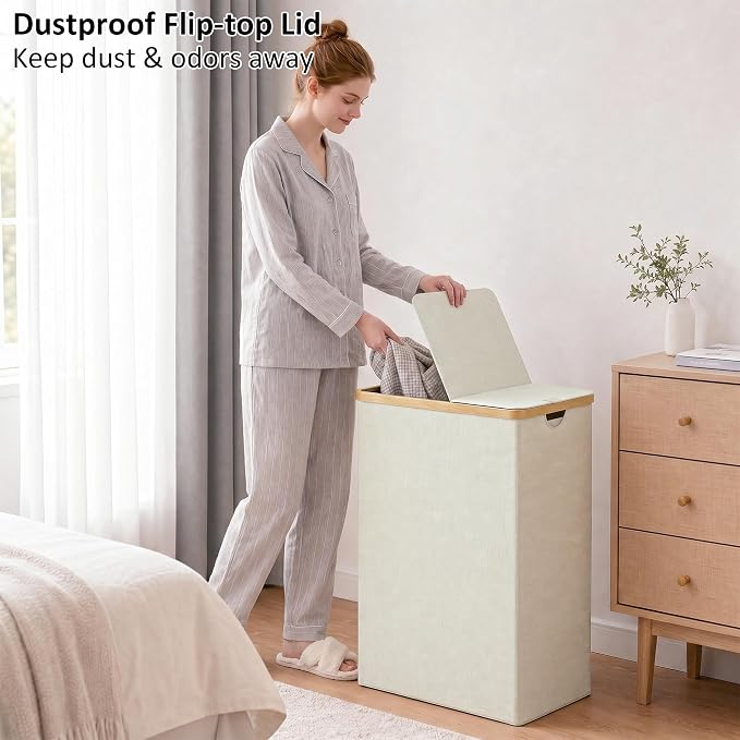 efluky Laundry Hamper with Lid, Double Laundry Basket with 2 Removable Bags, 2 Section Laundry Bin with Bamboo Handles for Bathroom, Bedroom & Laundry Room, 115L (30.4 Gallon) Beige
