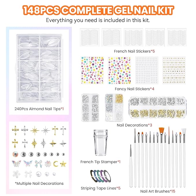 VANREESA 148Pcs Gel Nail Polish Kit with U V Light Almond Nail Tips Nail Drill -60 All Seasons Colors Gel Polish Set with 6Pcs Base Top Coat Gel Nail Kit for Beginners with Everything Gifts for Women
