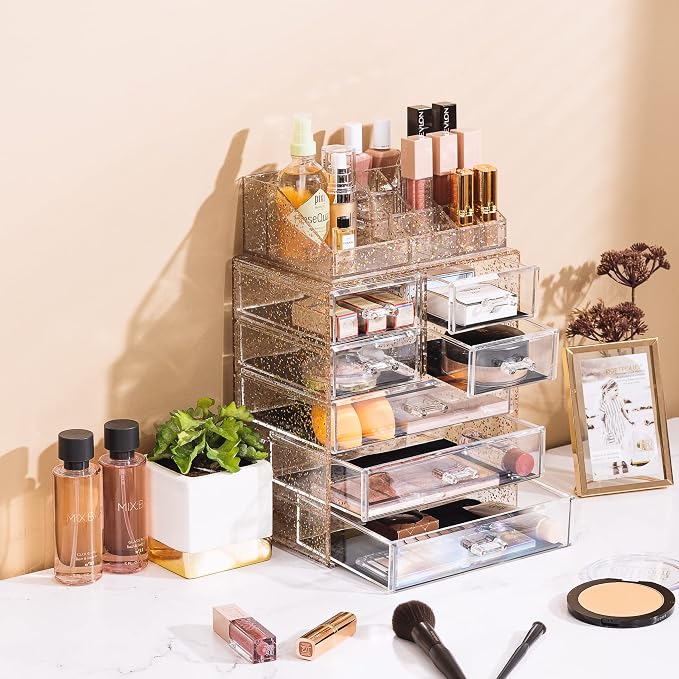 Sorbus Acrylic Makeup Organizer Set, 7-Drawer Vanity & Countertop Cosmetic Storage with Small & Wide Compartments, Glitter Makeup Storage for Brushes, Jewelry – Holiday Gift for Women & Teens