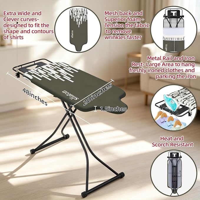Extra Large Ironing Board with Hang Rail and Iron Rest 64" L x 20" W x 38" H (Large with Sliding Iron Rest)