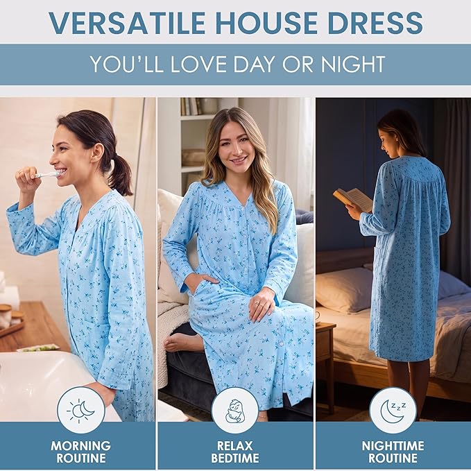 Casual Nights Women's Floral Snap Front Flannel Duster Long Sleeve Lounger Dress