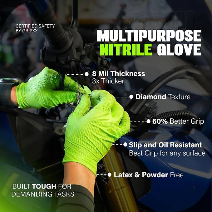 GRIPXX Herkules Grip Heavy Duty 8Mil Green Nitrile Gloves,3D Raised Diamond Texture-Latex & Powder Free-Industrial, Mechanic | Pack of (200 CT)