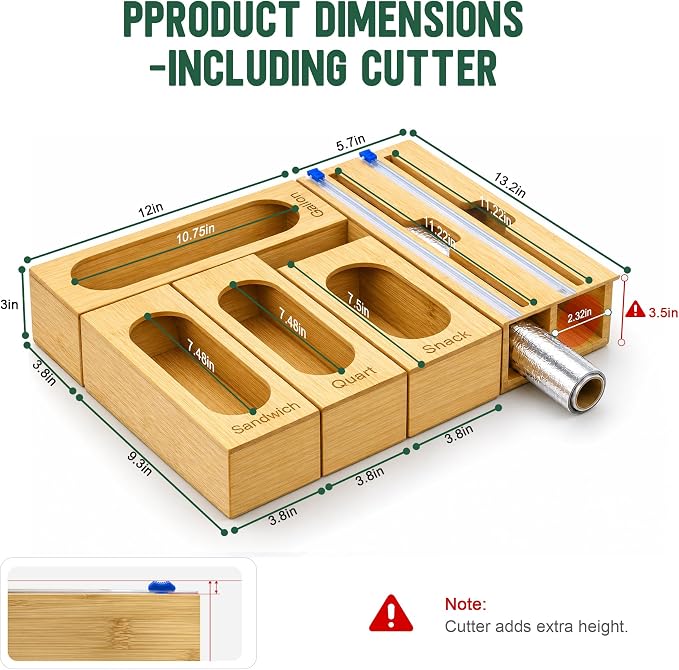 Reclosable Poly Bag Organizer for Kitchen Drawer, 5-Slot | Bamboo, 5 Independent Boxes, Slide Cutter, Magnetic Lid, Space-Saving Drawer Organizer