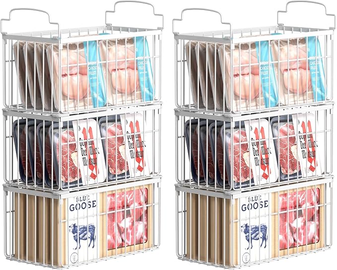 Freezer Organizer Bins, 6 Pack Big Baskets for 5/ 7 Cu.FT Deep Freezer | Stackable Chest Freezer Organizer Bins, Foldable Baskets with Handles, White Storage Container Baskets for Sort Frozen Meats
