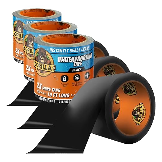 GORILLA Waterproof Patch & Seal Tape, Black Tape, 4" x 10' (Pack of 3) - Permanent Weather Resistant Seal for Leaks and Repairs