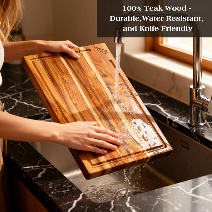 Teak Wood Cutting Board Set of 3 w/Stand, Deep Juice Groove, Solid Hardwood Non-Toxic & Knife Friendly Boards, Small Medium Large Sizes for Kitchen Meat, Veggies & Cheese by New M Way