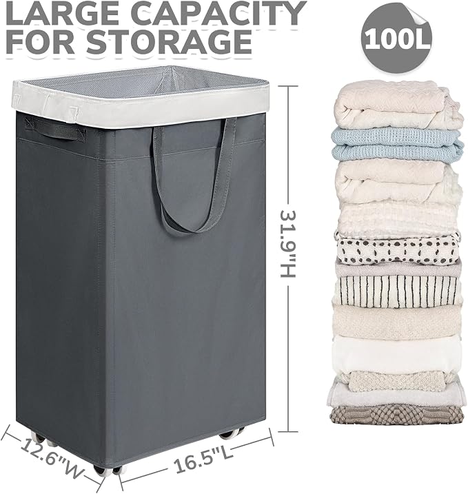 CHICVITA 100L Rolling Laundry Basket with Wheels, Large Collapsible Laundry Hamper with Removable Wash Bag Space for Corner Dorms, Grey