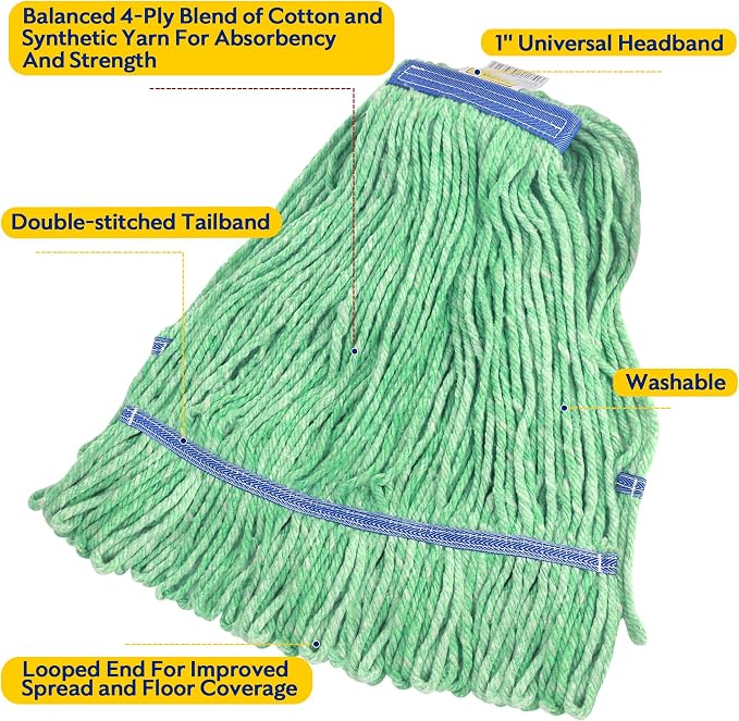 Matthew Cleaning Heavy Duty Mop Head Commercial Replacement for General and Floor Cleaning , Wet Industrial Blue Cotton Looped End String Head Refill (Pack of 12) Green