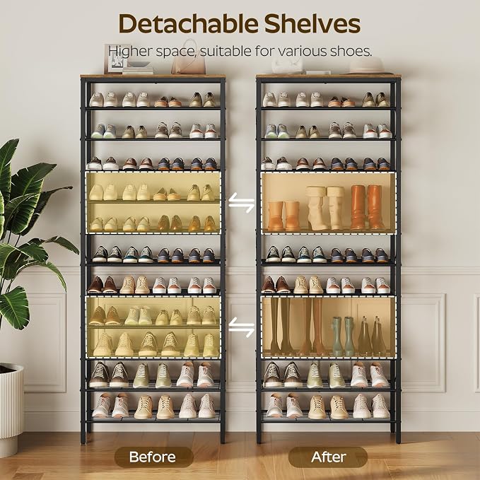 YATINEY 12 Tier Shoe Rack, Large Capacity Shoe Storage Organizer Holds 48 Pairs, Sturdy and Stable, for Entryway, Hallway, Closet, Dorm Room, Rustic Brown SS12BR