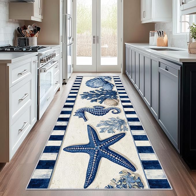 2x9 Marine Life Runner Rug for Hallway, Washable Seahorse Coral Reef Rug Runner Non Slip, Blue Seashell Home Decor Carpet for Kitchen, Bedroom, Entryway, Laundry Room, Ultra Thin Soft H223