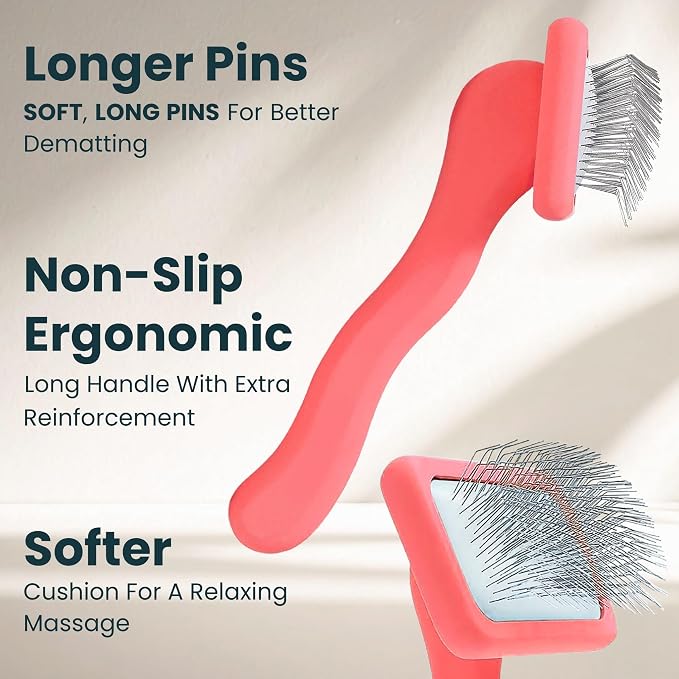 Slicker Brush for Dogs - Long Pin for Poodles, Doodles & Long Haired Dogs, Deshedding & Dematting Tool, Slicker Dog Brushes for Grooming (Coral, Flat Medium)