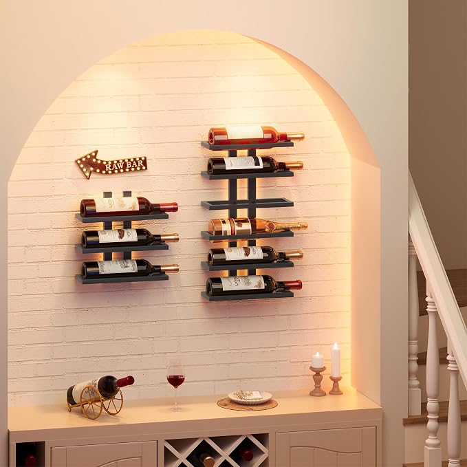 Hoctieon 2-Set 6 Tier Wall Mount Wine Rack (12 Tiers), Wall Racks for Wine Bottles Display and Storage, Hanging Bottle Organizer for Living Room, Dining Room, Wine Cellar, Bar, Black