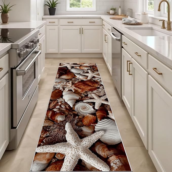 Starfish Conch Seashell Runners Rug for Hallway 2x6 - Beach Runner Rug, Soft Non Slip Washable Long Rugs, Retro Seaside Carpet Runner for Hallways Kitchen Corridor Entryway