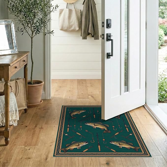 2'x3' Washable Area Rug Bass Sportsman Lure Lake Angler Tackle Motifs Motif Fish Fishing Refined Non-Slip Low Profile for Hallway, Study Room, Playroom