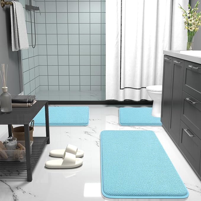 OLANLY Memory Foam Small Bathroom Rugs 24x16, Absorbent Bath Mat, Sky Blue | Soft Quick Dry Bath Mat Rugs, Non-Slip, Machine Washable Mat for Bathroom Floor, Tub and Shower, Home Decor Accessories
