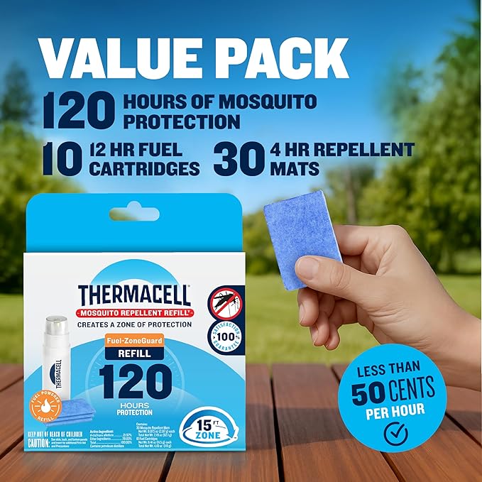 Thermacell Mosquito Repellent Refills; Provide 120 Hours of Protection; Contain 30 Repellent Mats, 10 Fuel Cartridges; Compatible with Any Fuel-Powered Mosquito Repeller Product