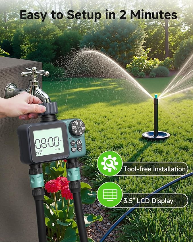 Sprinkler Timer 2 Zone & Digital Water Timer for Garden Hose, Yard, Lawn, Pool – Programmable Irrigation Controller with Rain Delay, IP55 Waterproof Auto & Manual Irrigation System