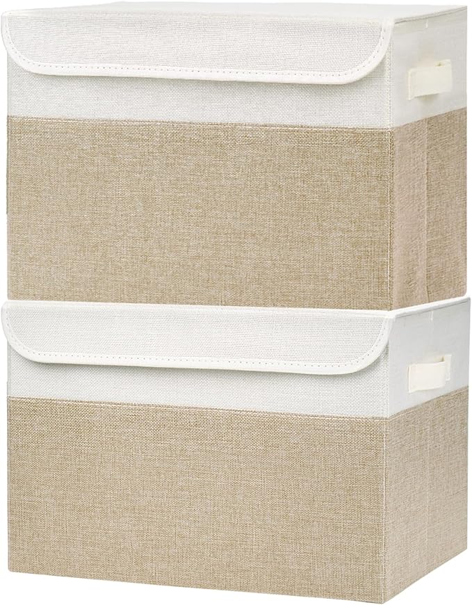 Bagnizer Large 42 Quarts Fabric Storage Bins with Lids [2-Pack] Linen Collapsible Foldable Baskets, Closet Organizer Containers boxes with Handles for Home Office (16.7 x 12 x 12, Beige & White)