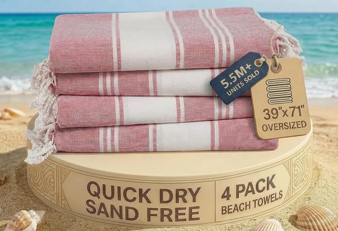 LANE LINEN Beach Towel 4 Pcs, Turkish Beach Towel Set, Soft - Cashmere Rose | Pre-Washed Pool Towels - 39"x71", Vacation Essential - Machine Washable, Travel & Camping - Super Absorbent, Reinforced Hems