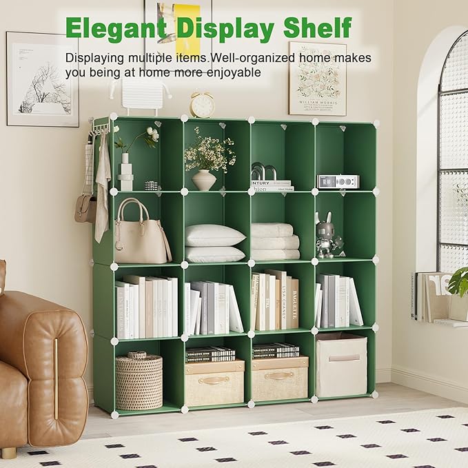 C&AHOME 16 Cube Storage Organizer Cube Shelf Units Storage Cubes, Green | Plastic DIY Closet Organizer, Stackble Modular Closet Storage Shelves Ideal for Home, Bedroom, 48.4" L × 12.4" W × 48.4" H
