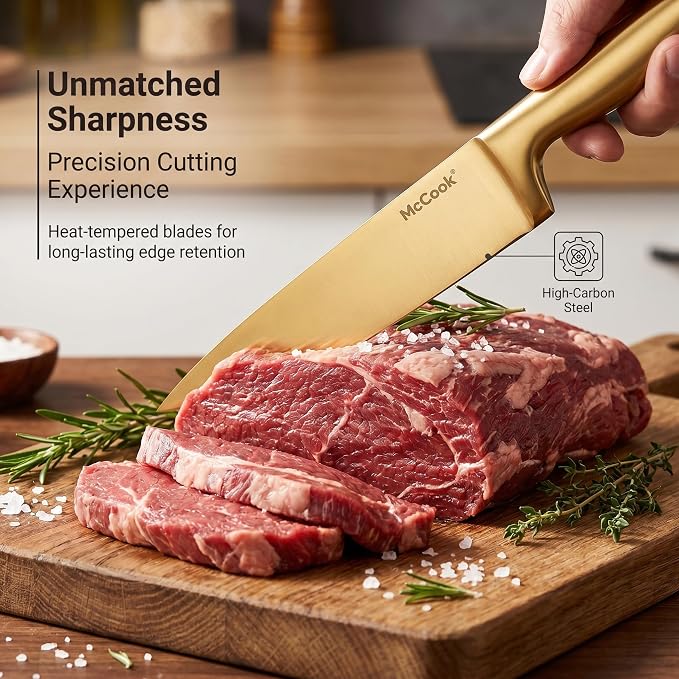 McCook Knife Set Gold Kitchen Knife Block Set w Built-in Sharpener | German Forged Stainless Steel,15 PC,Razor Sharp,Anti-Rust, Ergonomic Handles,Full Tang,Elegant Gold, Gift Box